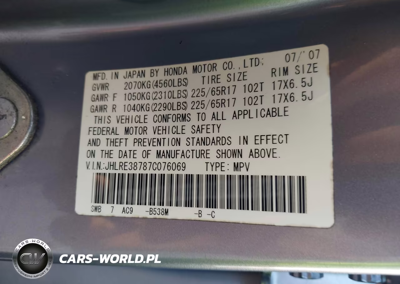 2007 Honda Cr-V Ex-L VIN:JHLRE38787C076069 - 9