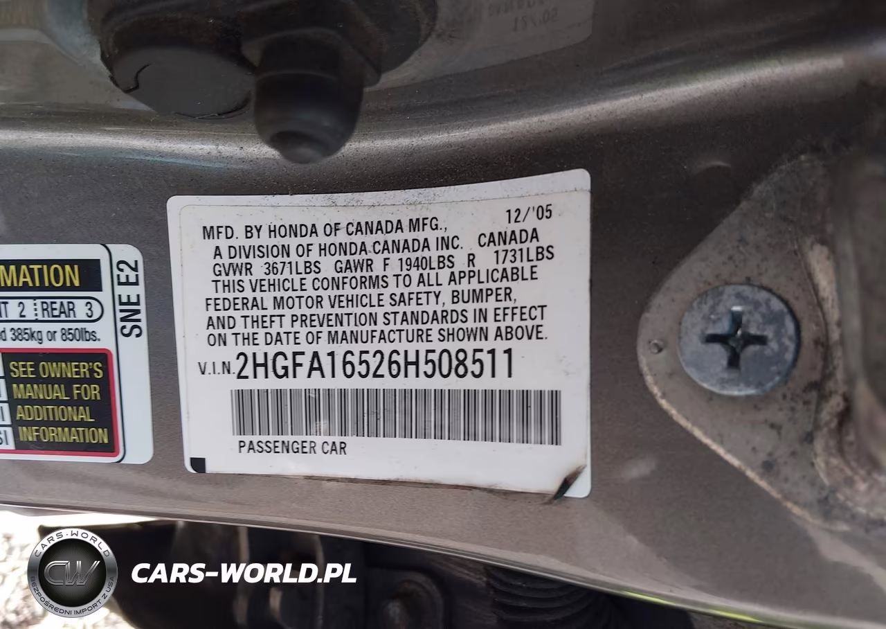 2006 Honda Civic Lx VIN:2HGFA16526H508511 - 9