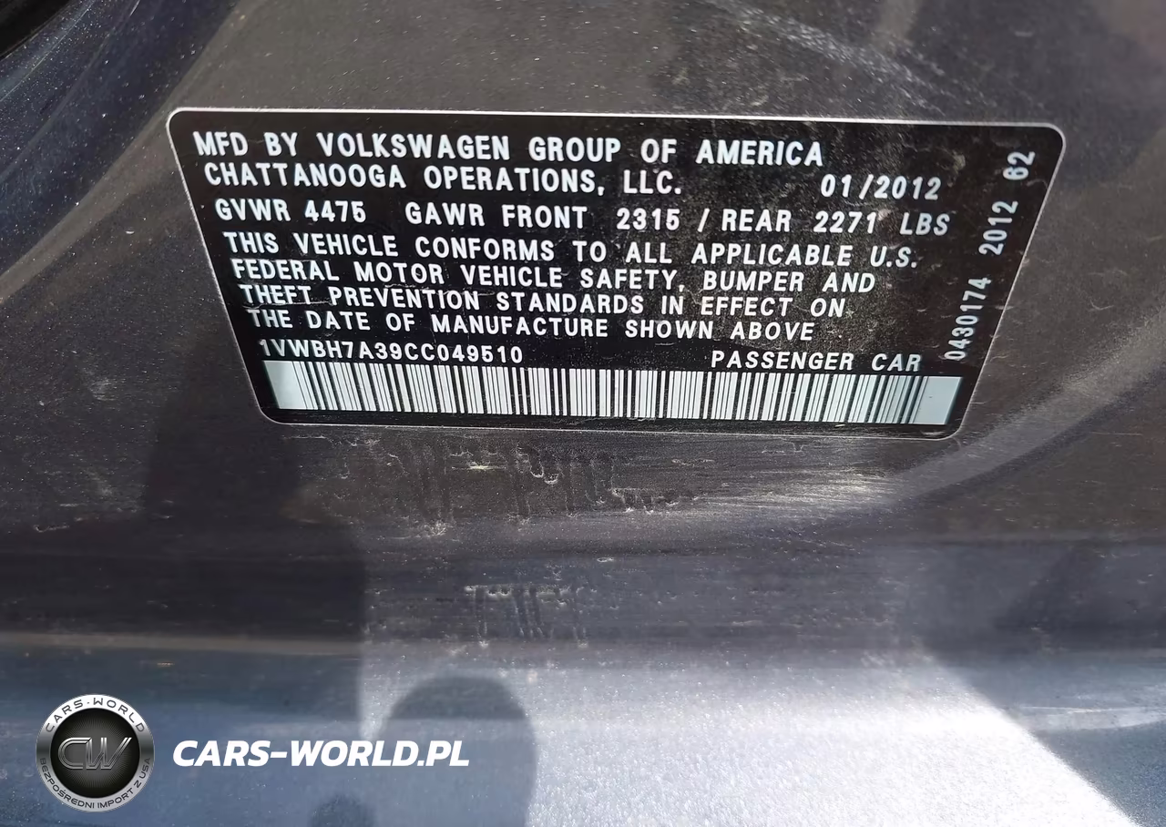 2012 Volkswagen Passat 2.5L Se VIN:1VWBH7A39CC049510 - 9