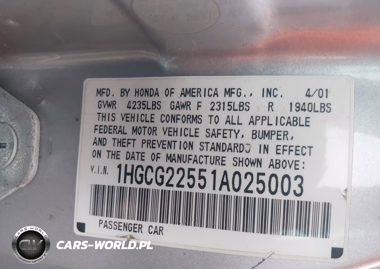 2001 Honda Accord 3.0 Ex VIN:1HGCG22551A025003 - 9