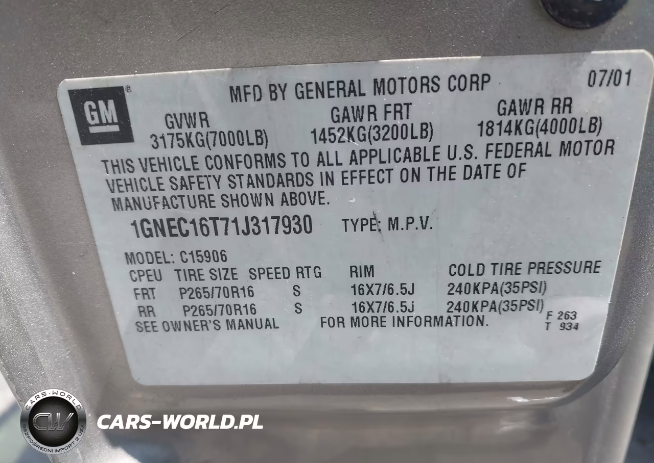 2001 Chevrolet Suburban 1500 Lt VIN:1GNEC16T71J317930 - 9