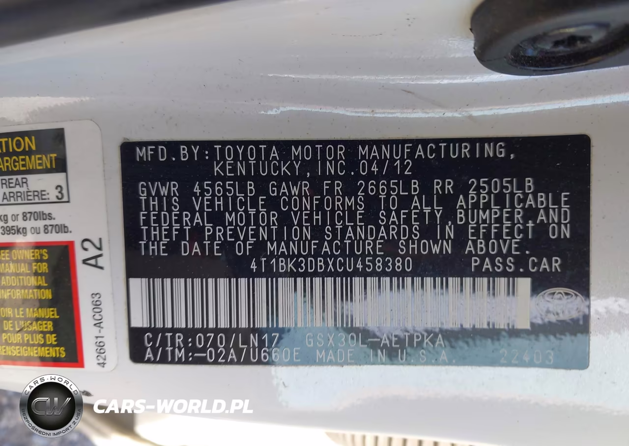 2012 Toyota Avalon Limited VIN:4T1BK3DBXCU458380 - 9