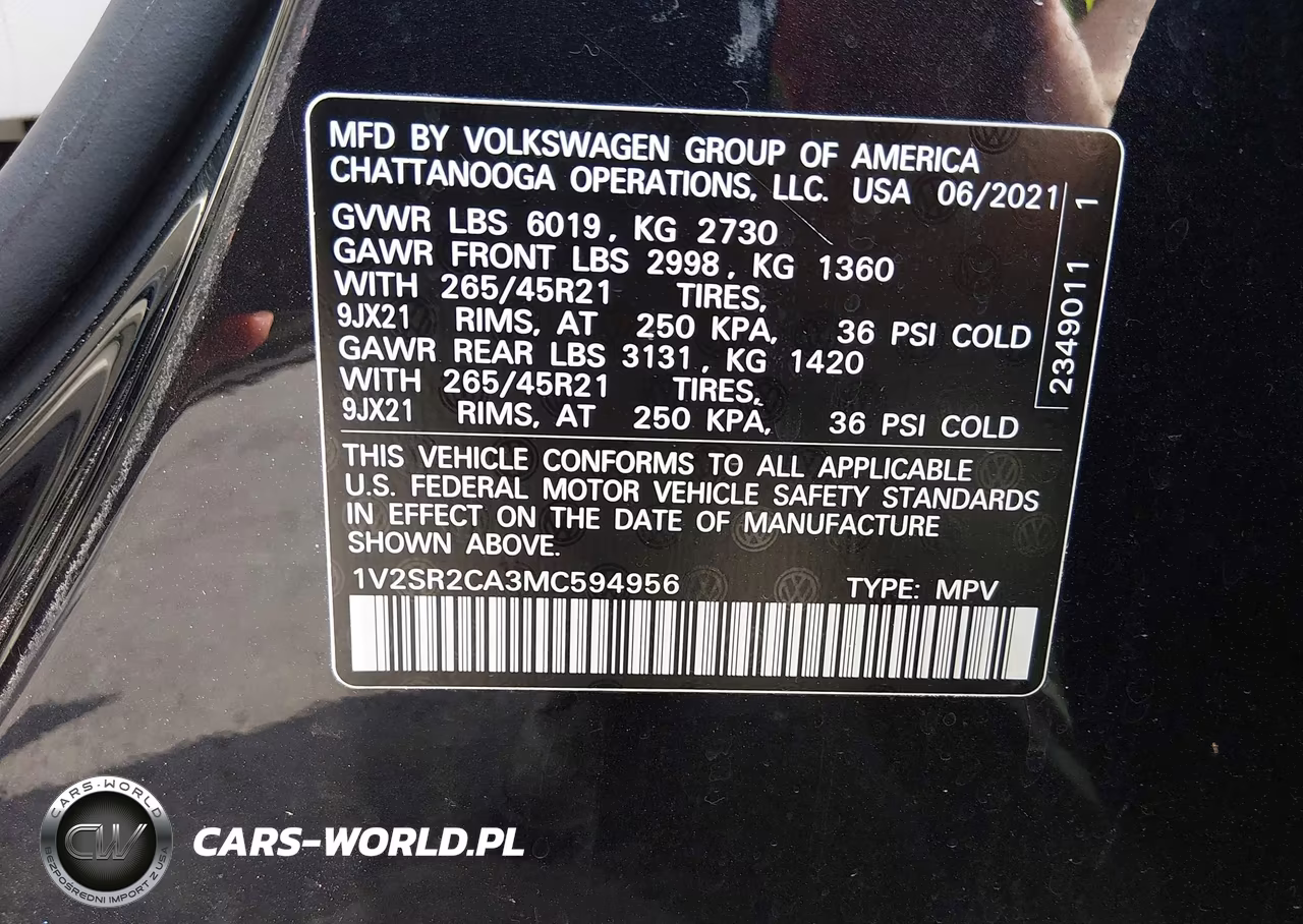 2021 Volkswagen Atlas 3.6L V6 Sel R-Line VIN:1V2SR2CA3MC594956 - 9