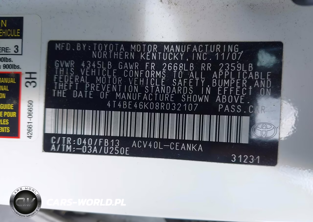 2008 Toyota Camry Le VIN:4T4BE46K08R032107 - 9