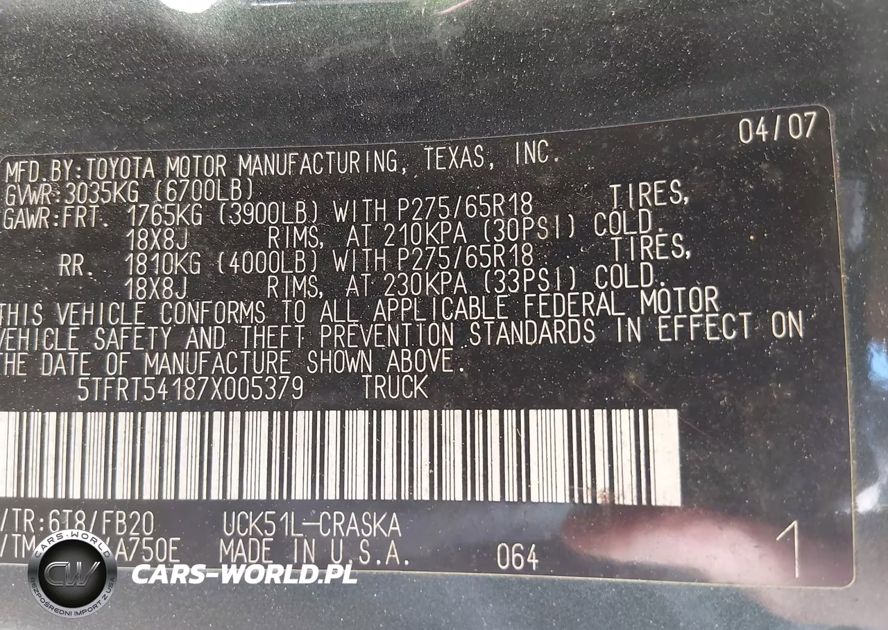 2007 Toyota Tundra Sr5 4.7L V8 VIN:5TFRT54187X005379 - 9