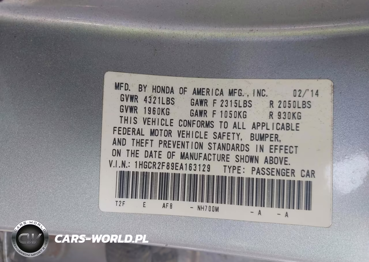 2014 Honda Accord Ex-L VIN:1HGCR2F89EA163129 - 9