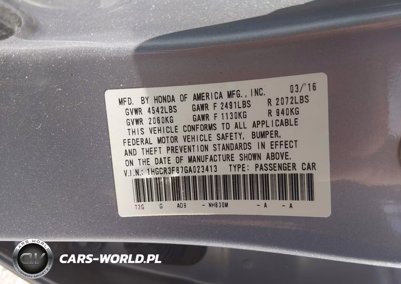 2016 Honda Accord Ex-L V-6 VIN:1HGCR3F87GA023413 - 9
