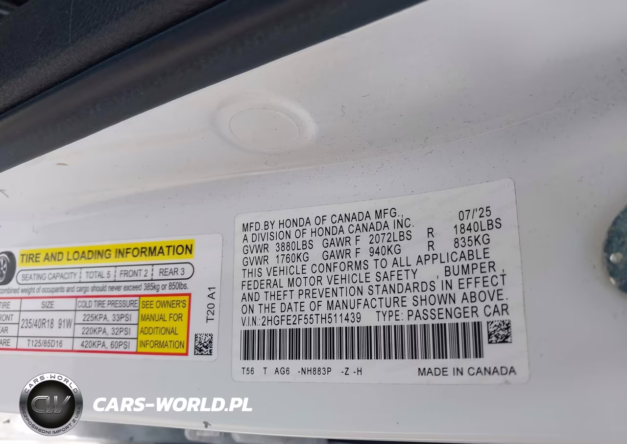 2026 Honda Civic Sport VIN:2HGFE2F55TH511439 - 9