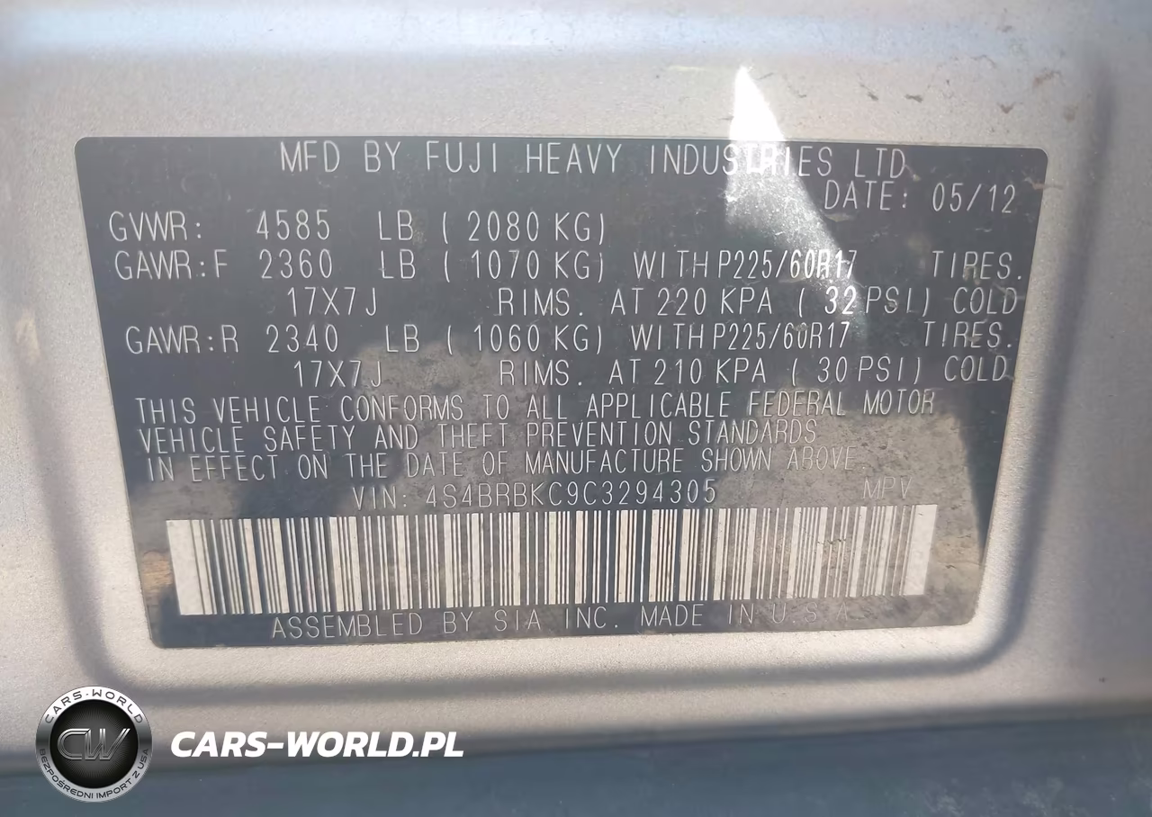 2012 Subaru Outback 2.5I Limited VIN:4S4BRBKC9C3294305 - 9