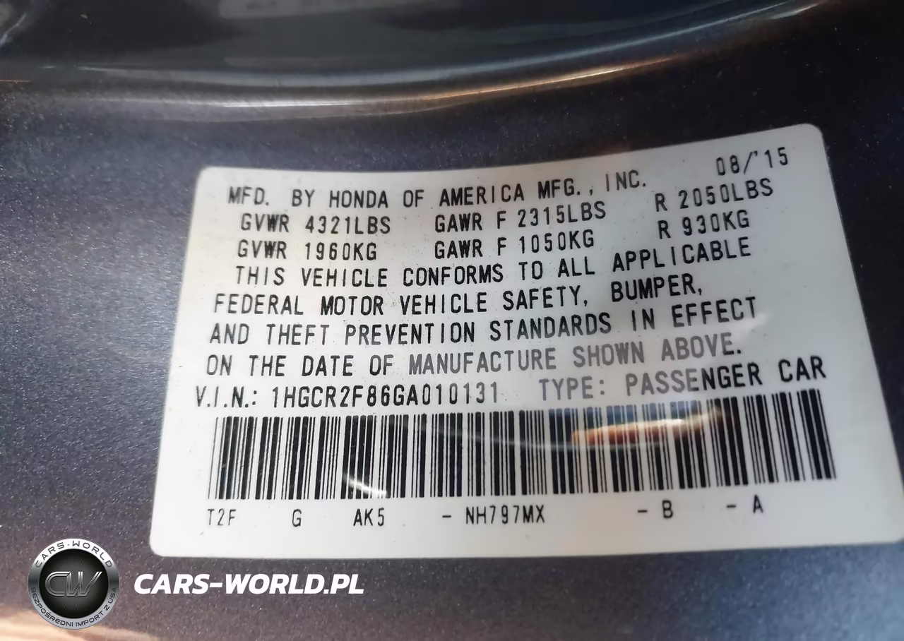 2016 Honda Accord Ex-L VIN:1HGCR2F86GA010131 - 9