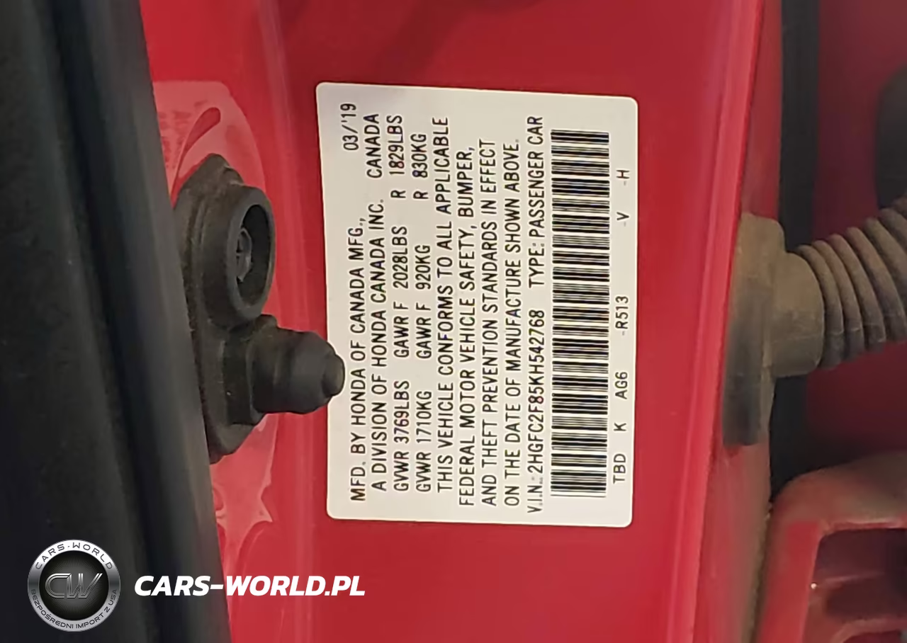 2019 Honda Civic Sport VIN:2HGFC2F85KH542768 - 9