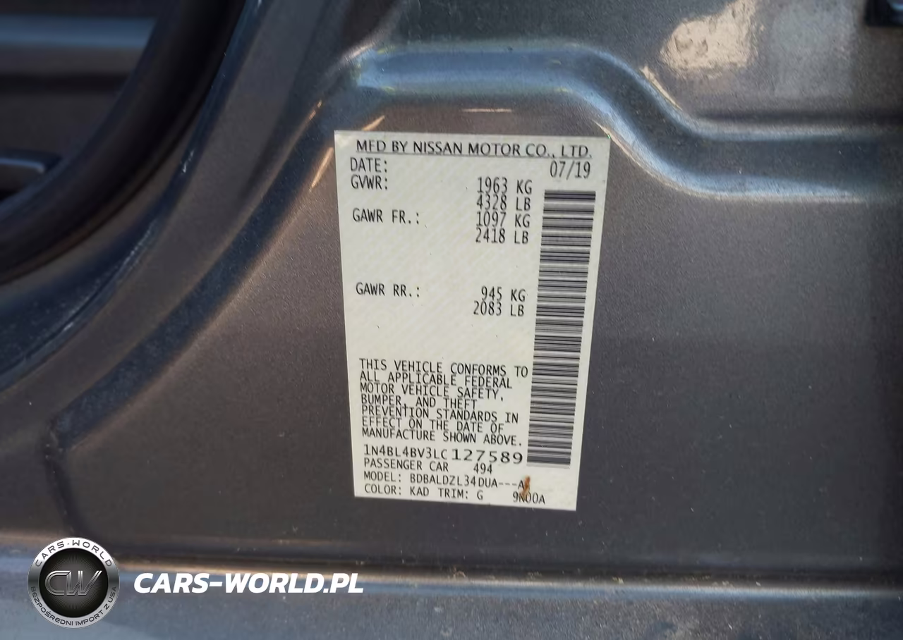 2020 Nissan Altima S Fwd VIN:1N4BL4BV3LC127589 - 9