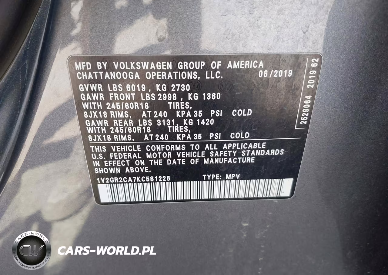 2019 Volkswagen Atlas 3.6L V6 S VIN:1V2GR2CA7KC581226 - 9
