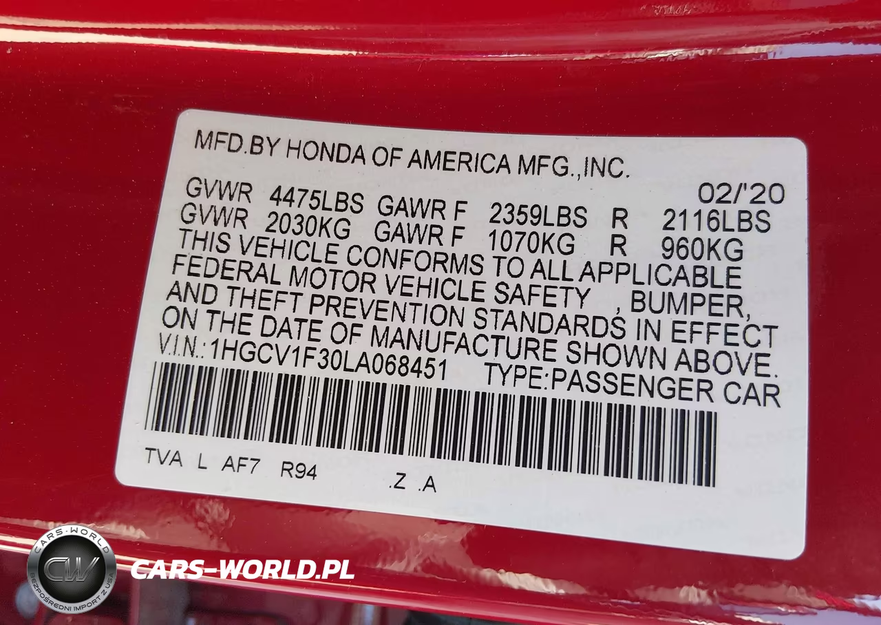 2020 Honda Accord Sport VIN:1HGCV1F30LA068451 - 9