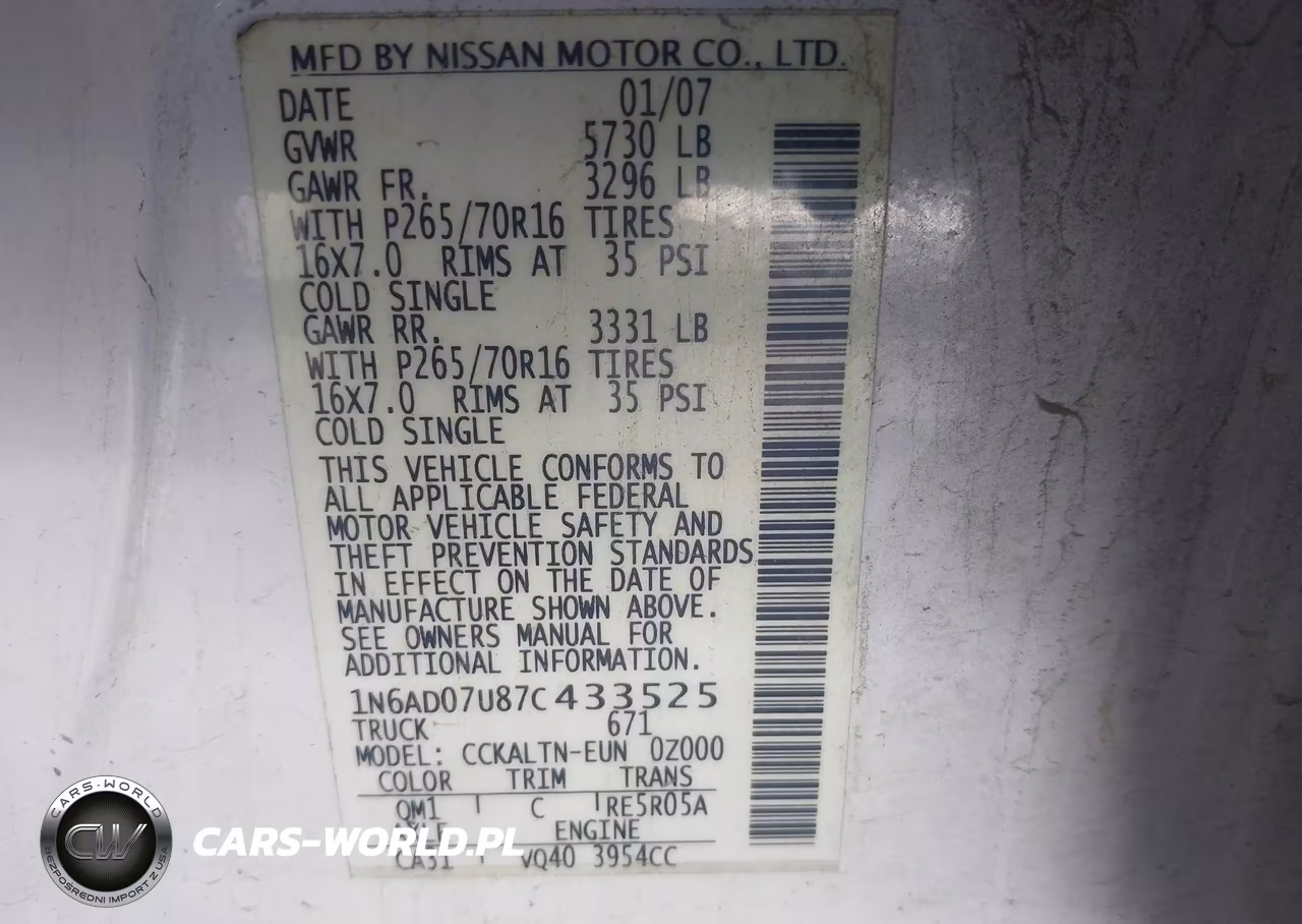 2007 Nissan Frontier Se VIN:1N6AD07U87C433525 - 9