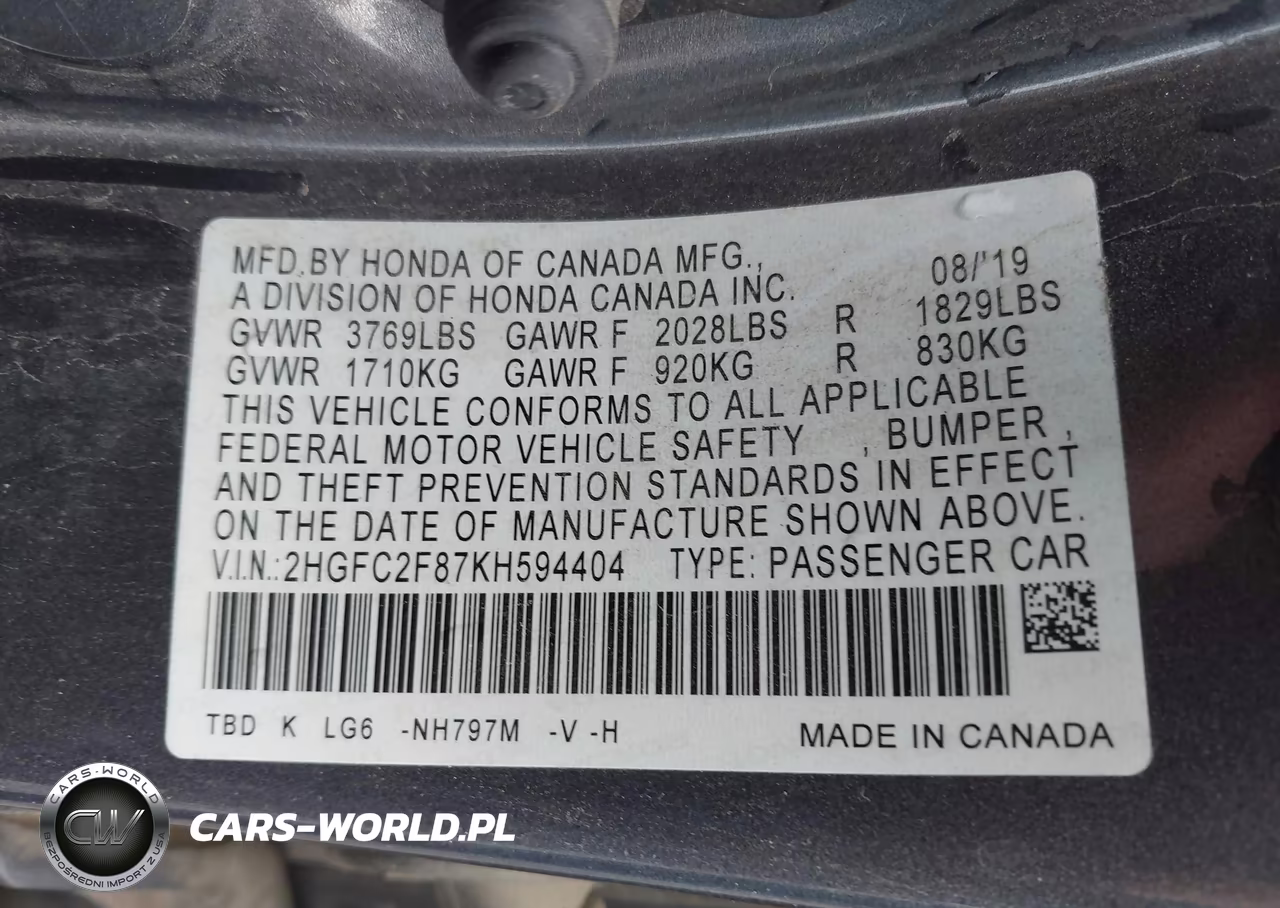 2019 Honda Civic Sport VIN:2HGFC2F87KH594404 - 9