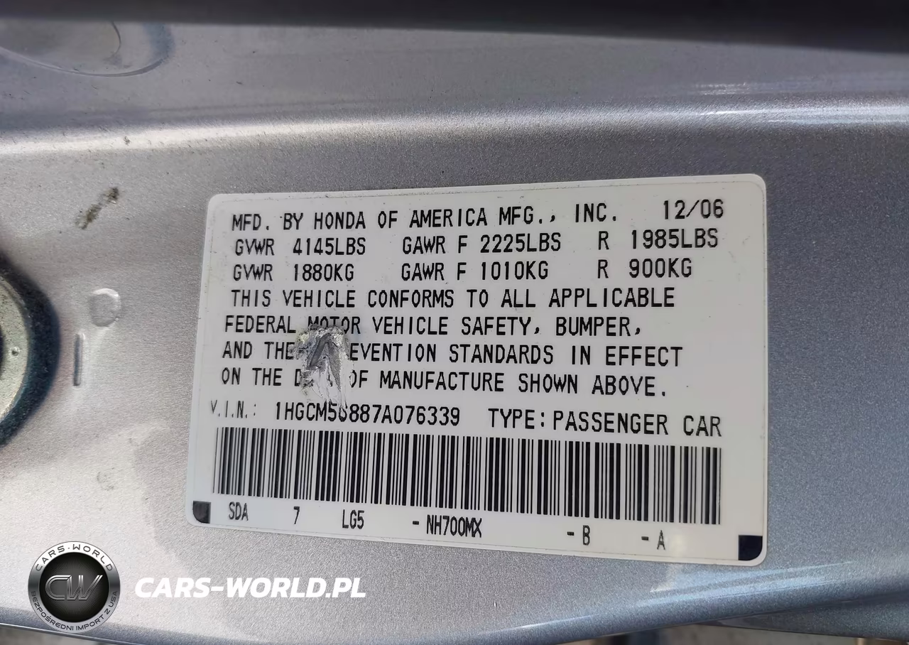 2007 Honda Accord 2.4 Ex VIN:1HGCM56887A076339 - 9