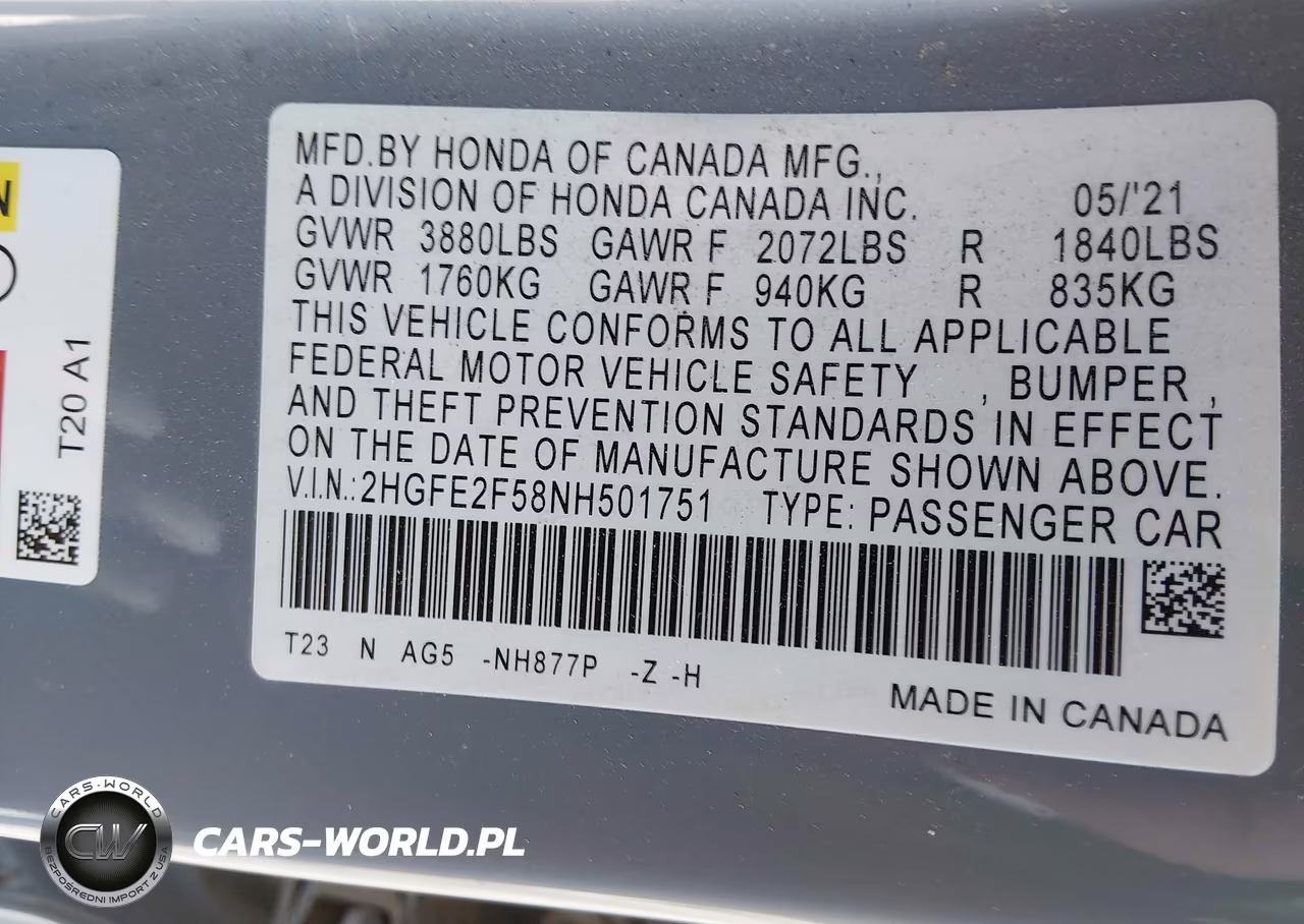 2022 Honda Civic Sport VIN:2HGFE2F58NH501751 - 9