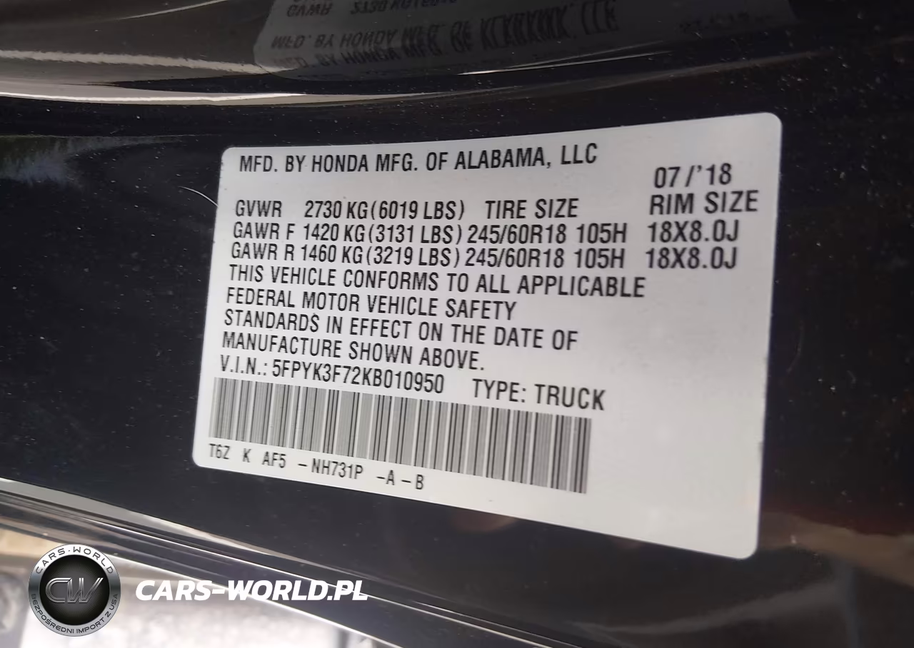 2019 Honda Ridgeline Rtl-E VIN:5FPYK3F72KB010950 - 9