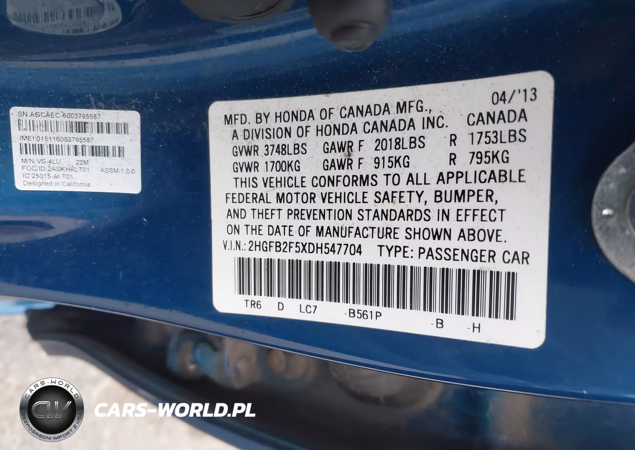 2013 Honda Civic Lx VIN:2HGFB2F5XDH547704 - 9