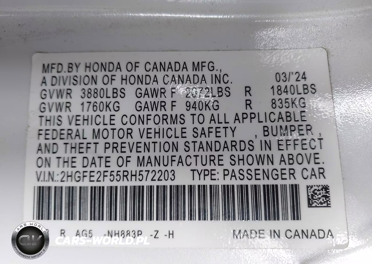 2024 Honda Civic Sport VIN:2HGFE2F55RH572203 - 9