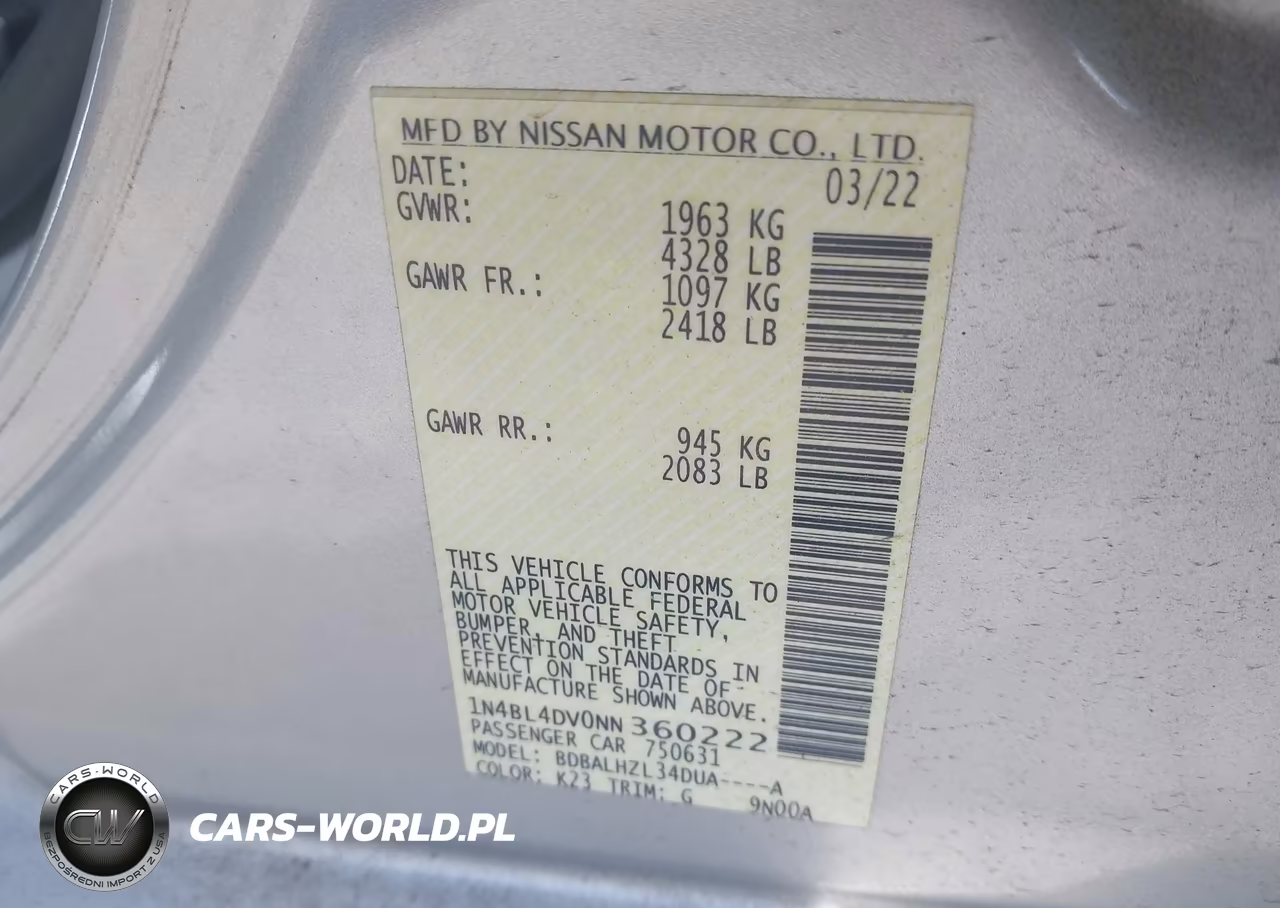 2022 Nissan Altima Sv Fwd VIN:1N4BL4DV0NN360222 - 9