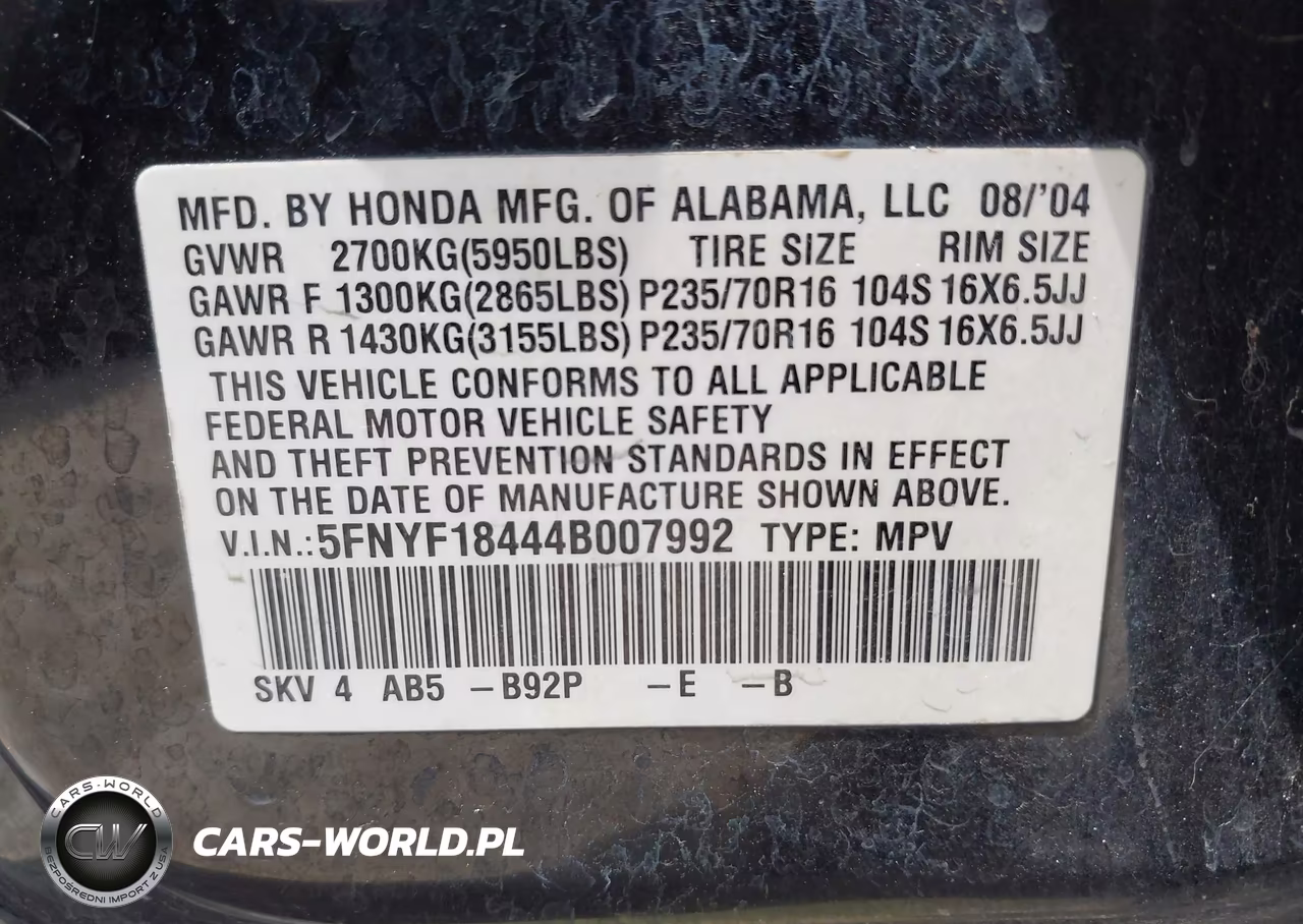 2004 Honda Pilot Ex VIN:5FNYF18444B007992 - 9