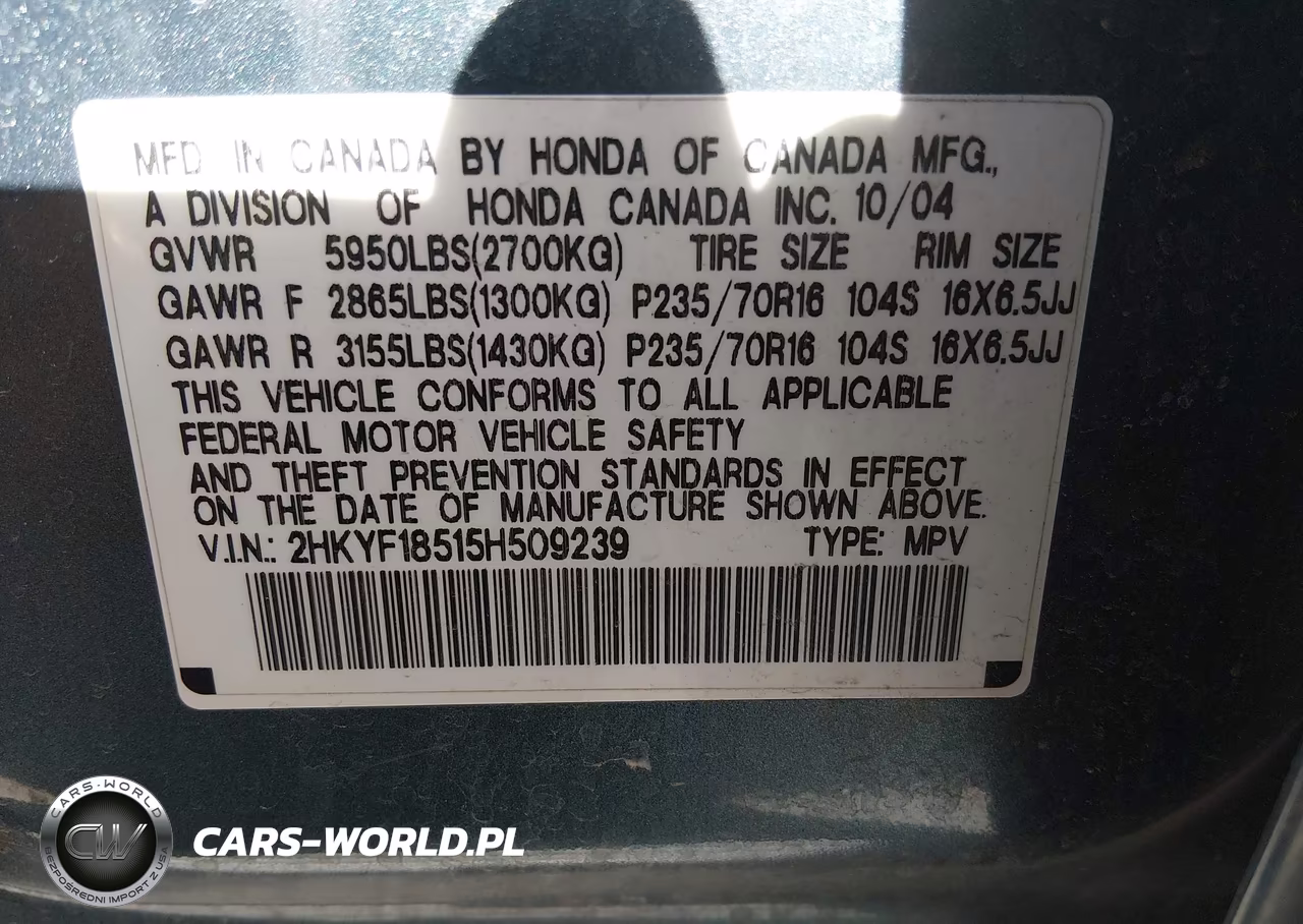 2005 Honda Pilot Ex-L VIN:2HKYF18515H509239 - 9