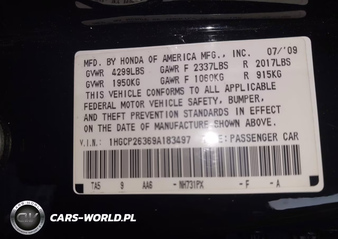 2009 Honda Accord 2.4 Lx VIN:1HGCP26369A183497 - 9