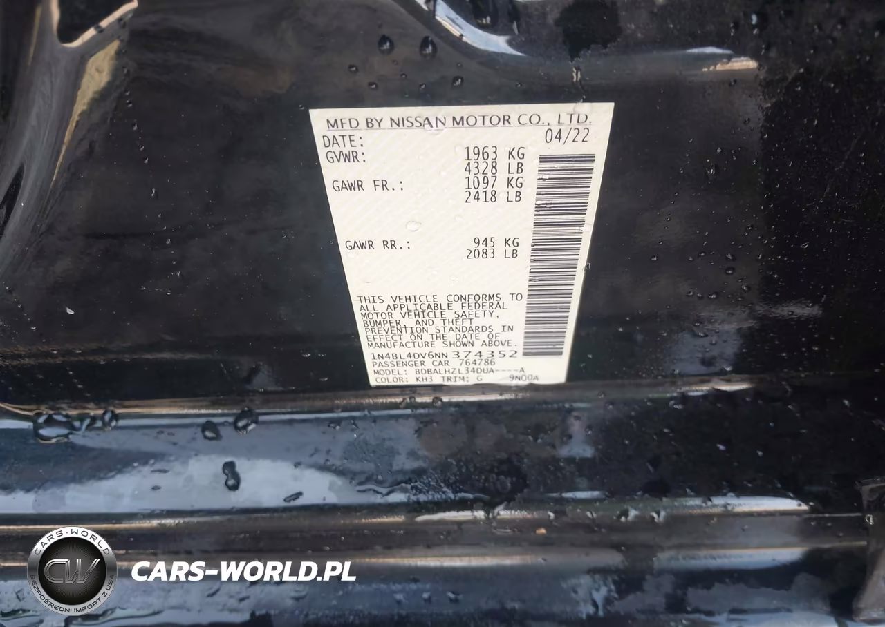 2022 Nissan Altima Sv Fwd VIN:1N4BL4DV6NN374352 - 9