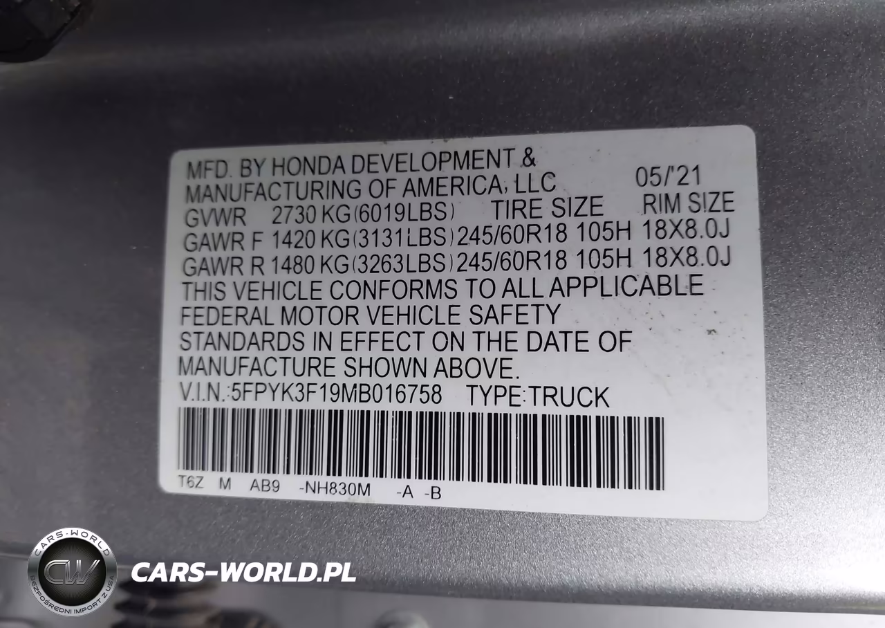 2021 Honda Ridgeline Awd Sport VIN:5FPYK3F19MB016758 - 9