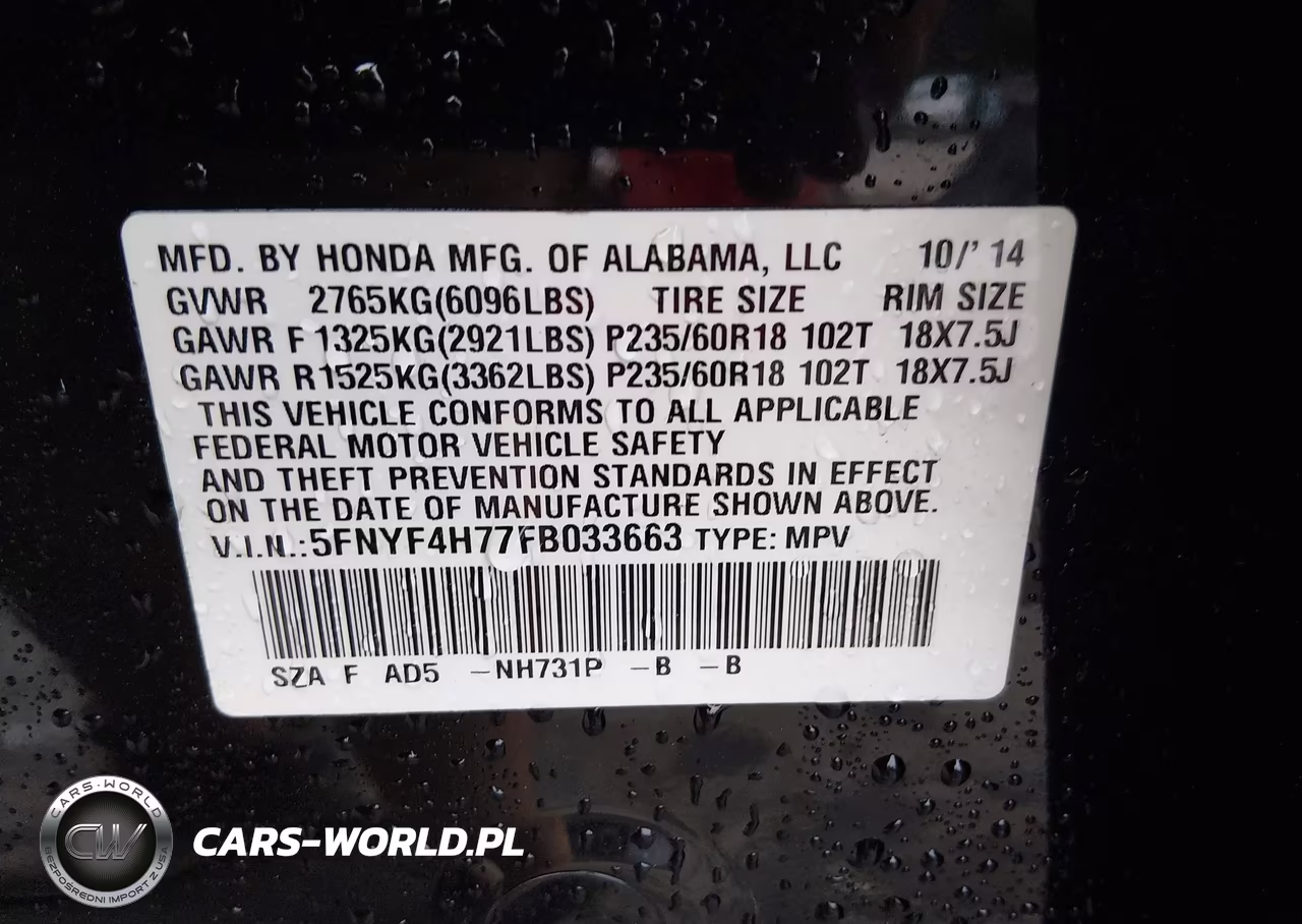 2015 Honda Pilot Ex-L VIN:5FNYF4H77FB033663 - 9