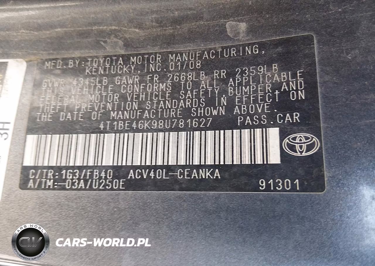 2008 Toyota Camry Le VIN:4T1BE46K98U781627 - 9