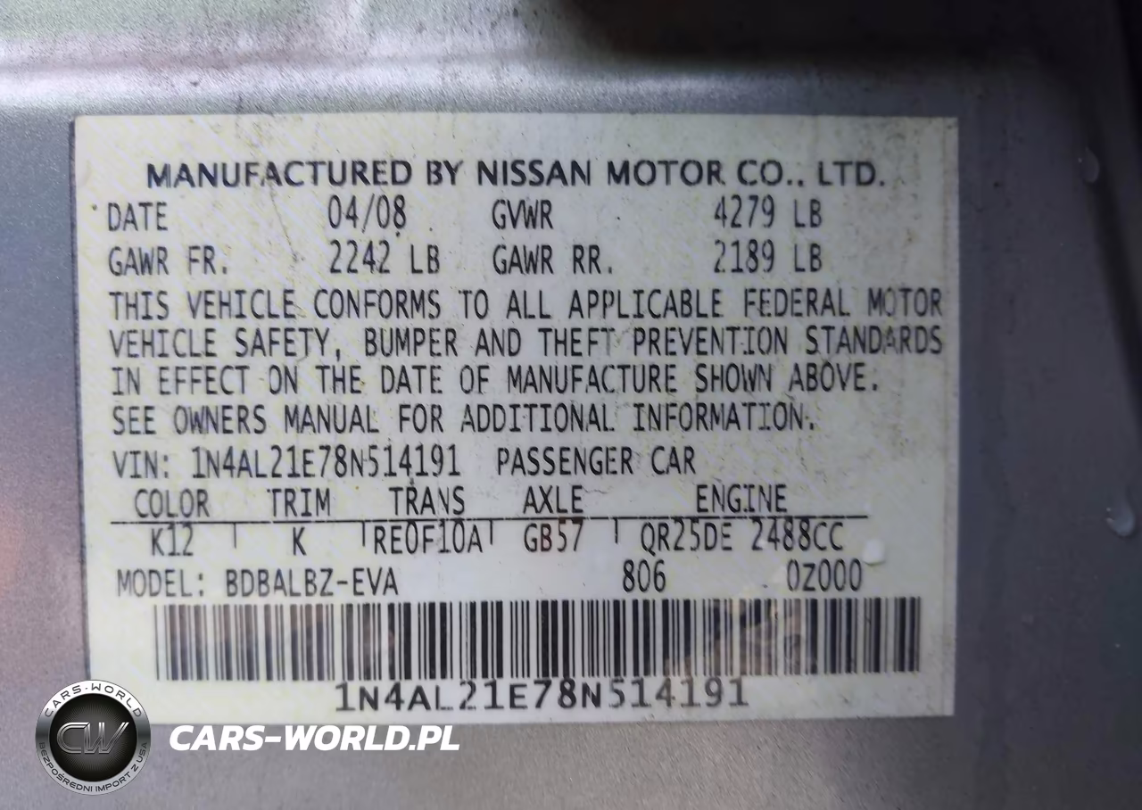 2008 Nissan Altima 2.5 S VIN:1N4AL21E78N514191 - 9