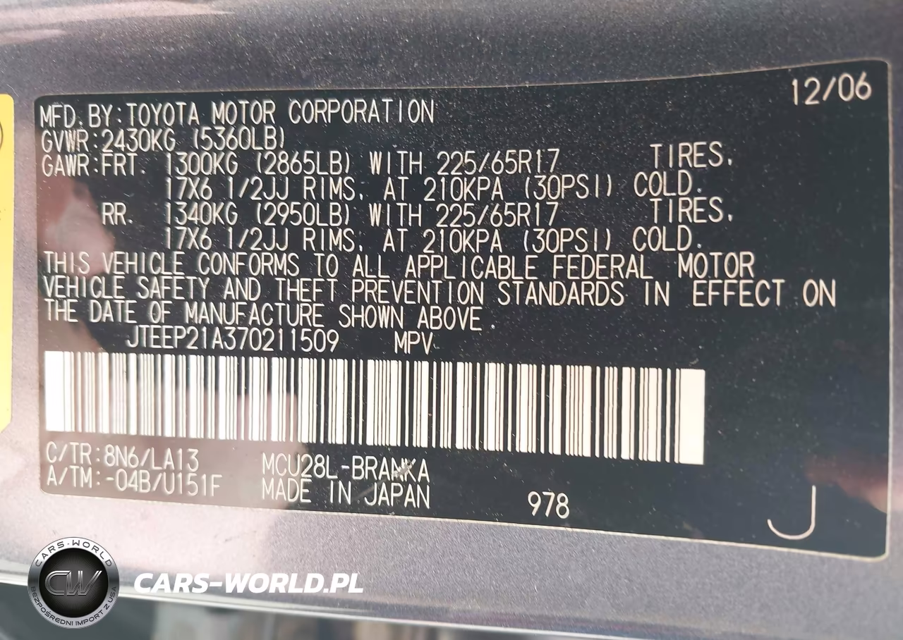 2007 Toyota Highlander Limited V6 VIN:JTEEP21A370211509 - 9
