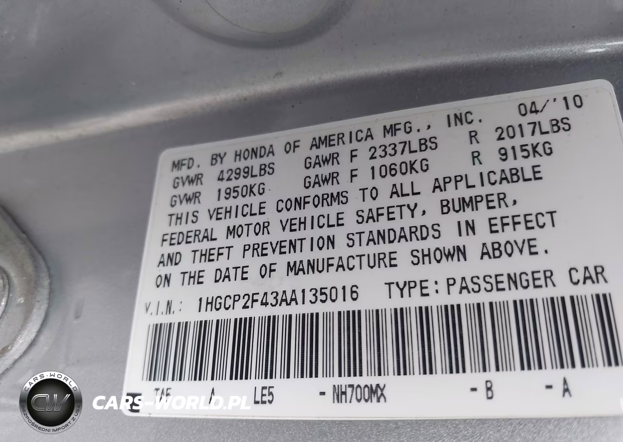 2010 Honda Accord 2.4 Lx-P VIN:1HGCP2F43AA135016 - 9