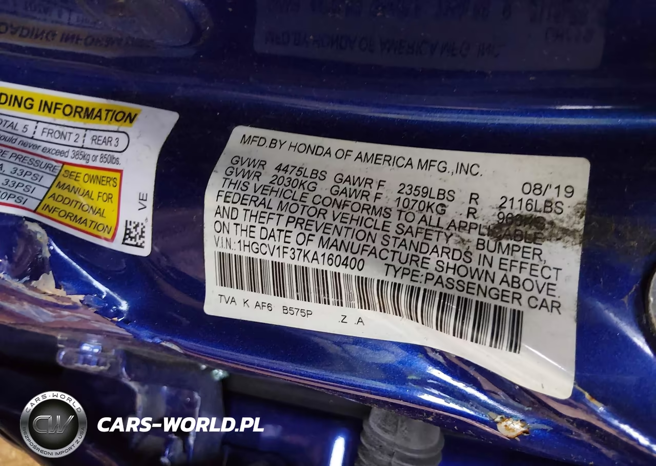2019 Honda Accord Sport VIN:1HGCV1F37KA160400 - 9