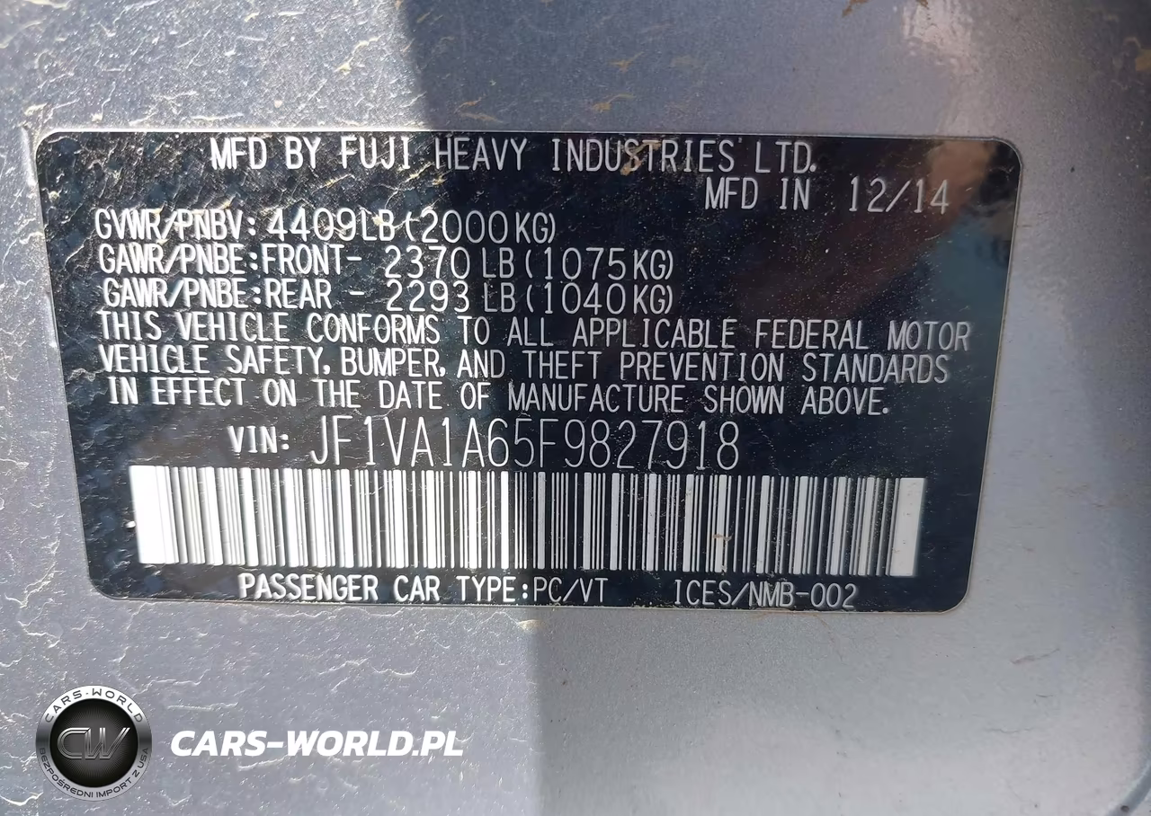 2015 Subaru Wrx VIN:JF1VA1A65F9827918 - 9