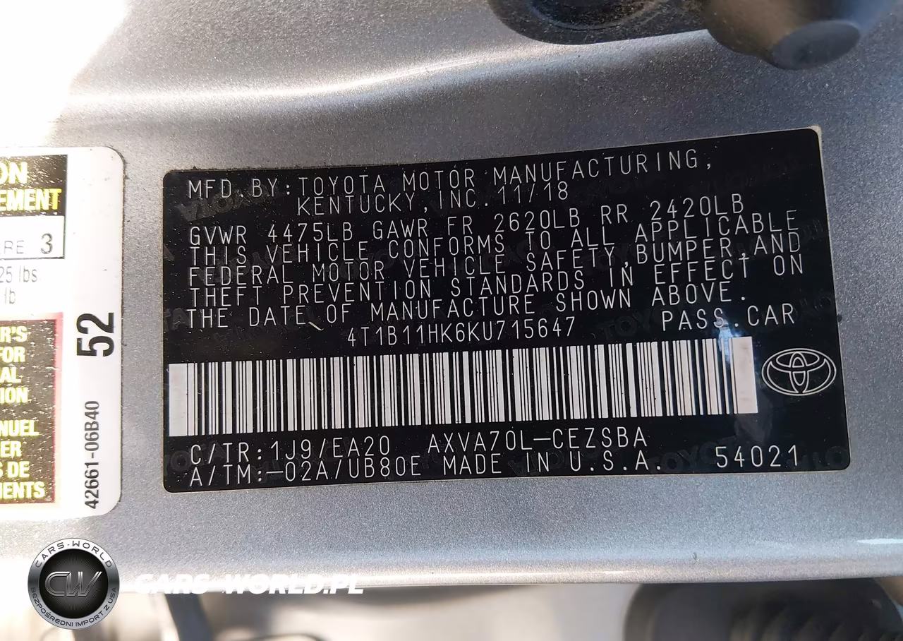 2019 Toyota Camry Se VIN:4T1B11HK6KU715647 - 9