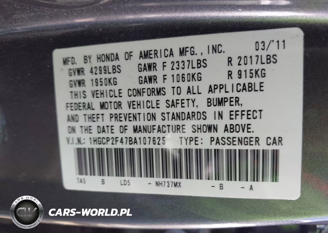 2011 Honda Accord 2.4 Lx-P VIN:1HGCP2F47BA107625 - 9