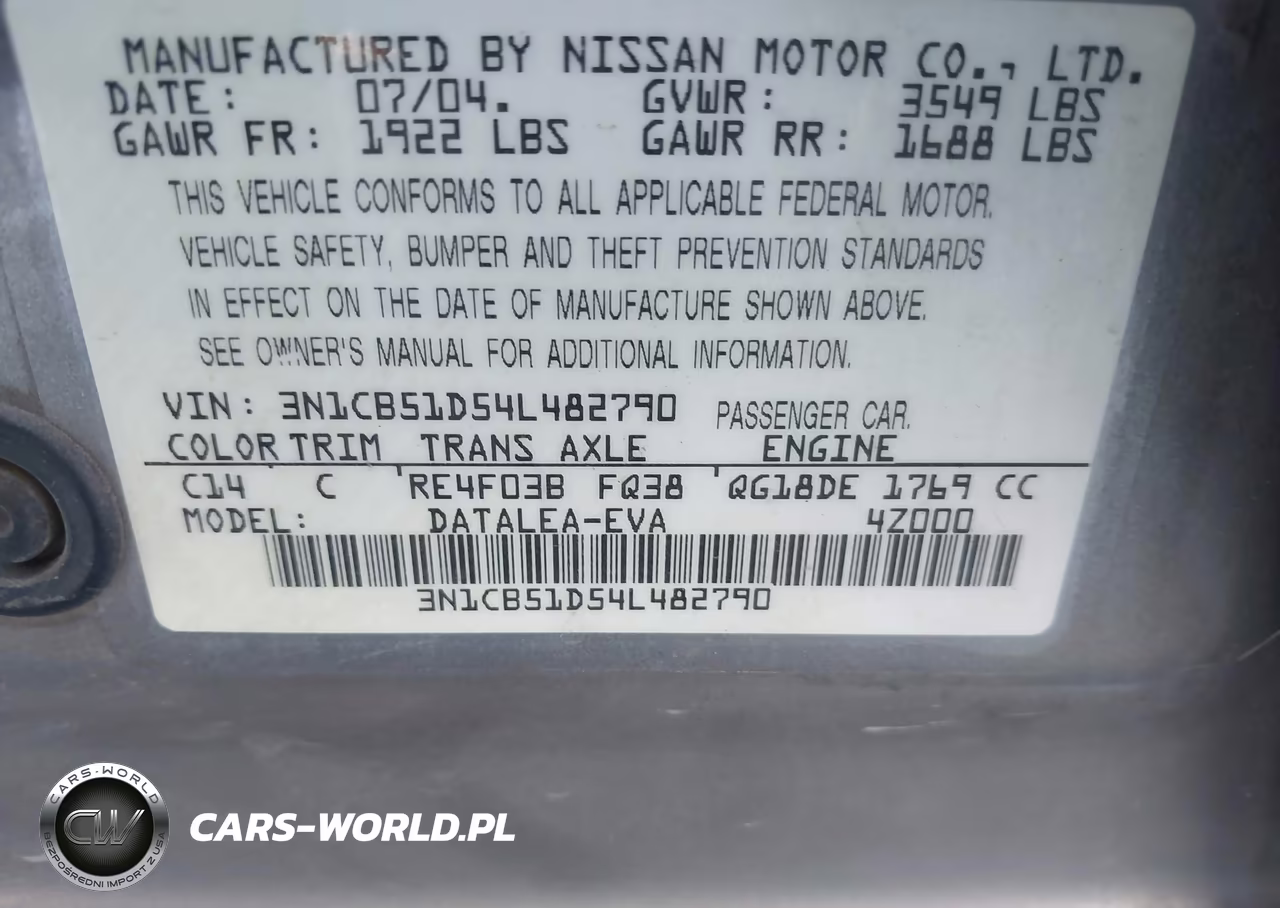 2004 Nissan Sentra 1.8S VIN:3N1CB51D54L482790 - 9