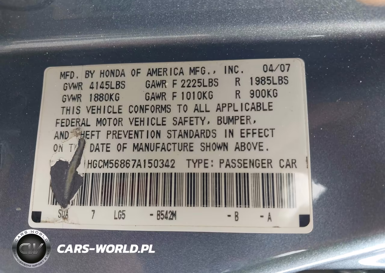 2007 Honda Accord 2.4 Ex VIN:1HGCM56867A150342 - 9