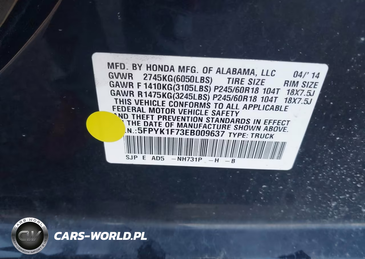 2014 Honda Ridgeline Sport VIN:5FPYK1F73EB009637 - 9