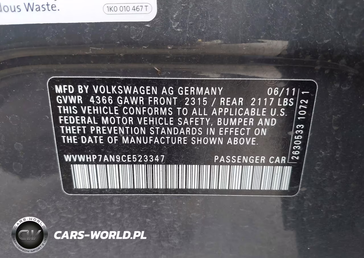 2012 Volkswagen Cc Lux Limited VIN:WVWHP7AN9CE523347 - 9