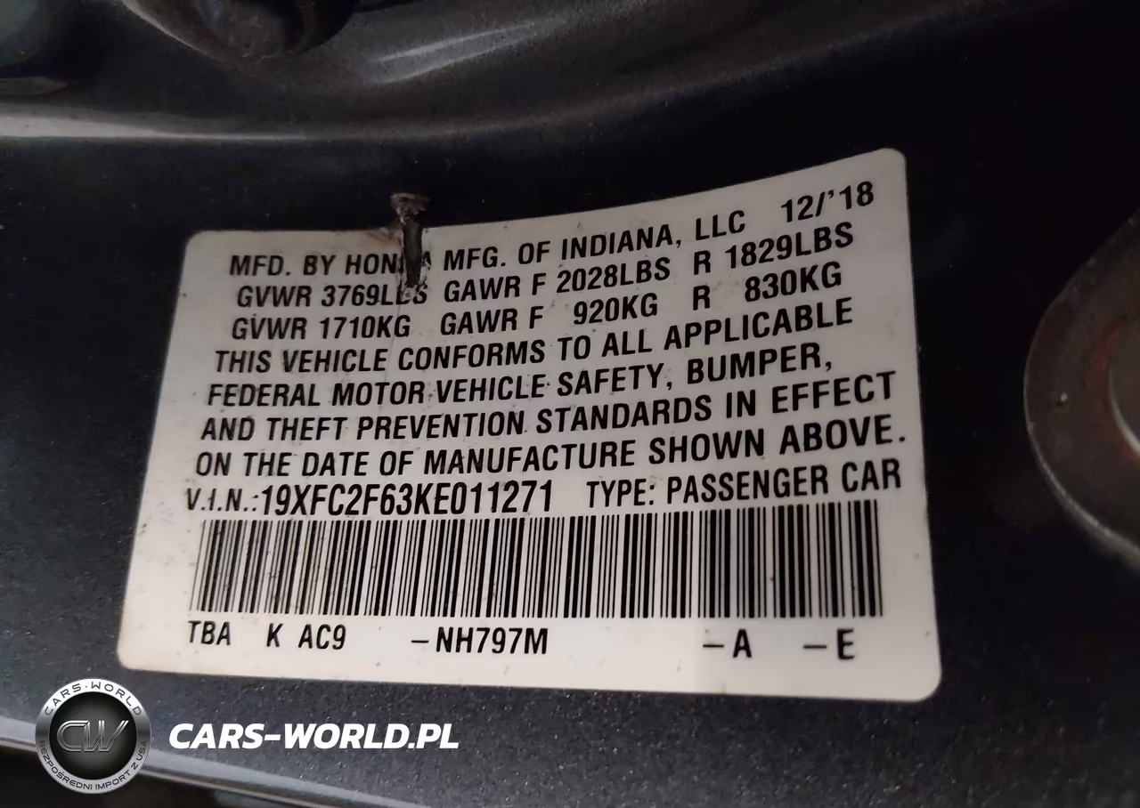 2019 Honda Civic Lx VIN:19XFC2F63KE011271 - 9