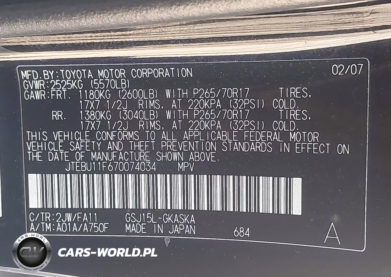 2007 Toyota Fj Cruiser VIN:JTEBU11F670074034 - 9