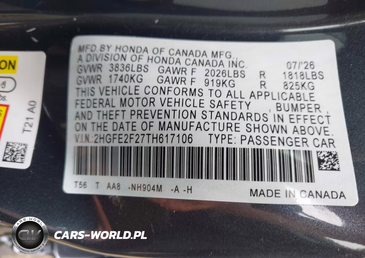2026 Honda Civic Lx VIN:2HGFE2F27TH617106 - 9