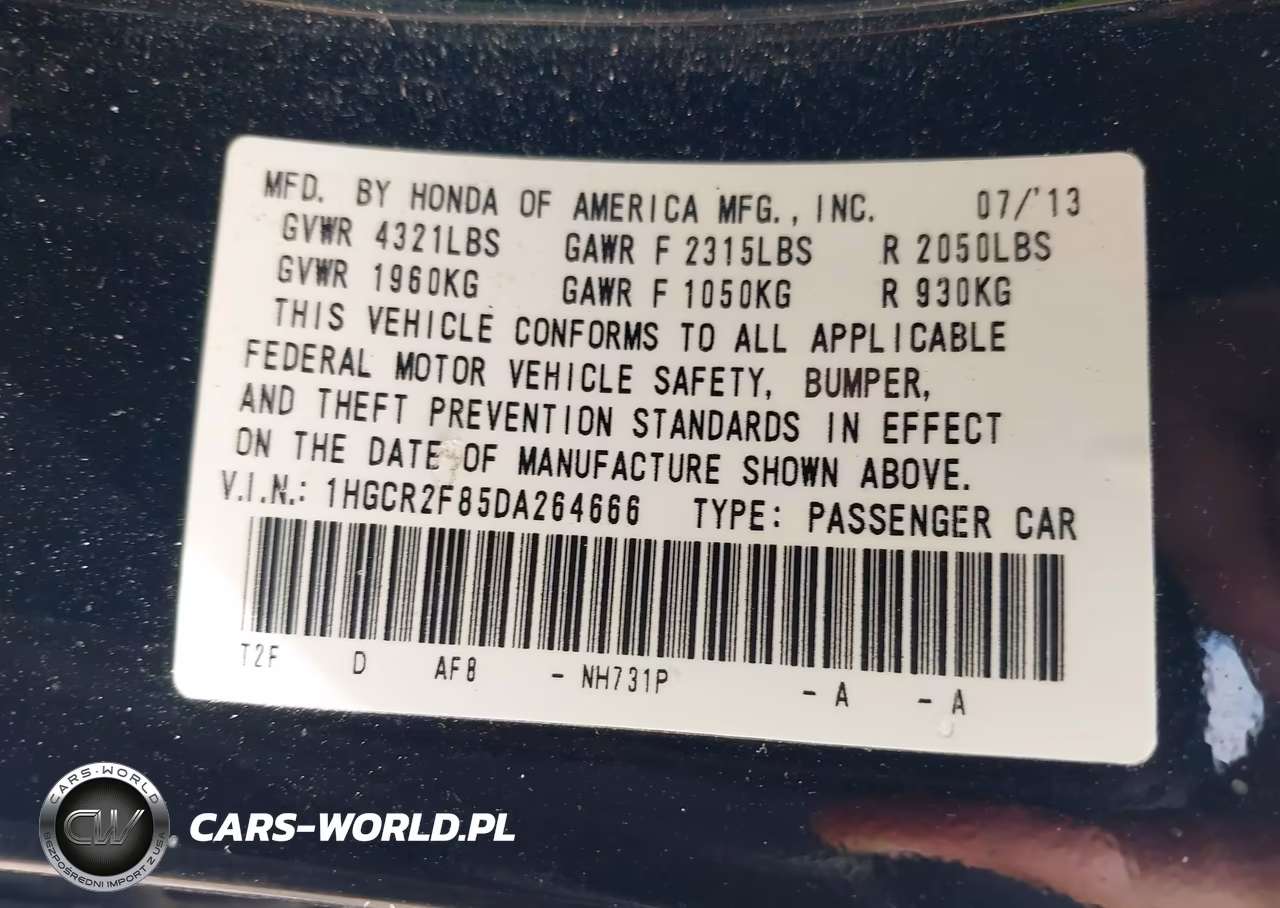 2013 Honda Accord Ex-L VIN:1HGCR2F85DA264666 - 9