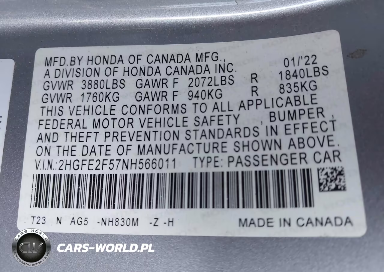 2022 Honda Civic Sport VIN:2HGFE2F57NH566011 - 9
