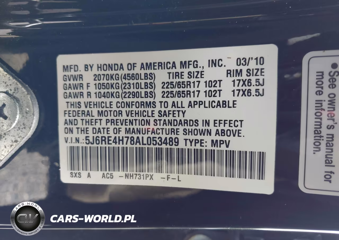 2010 Honda Cr-V Ex-L VIN:5J6RE4H78AL053489 - 9